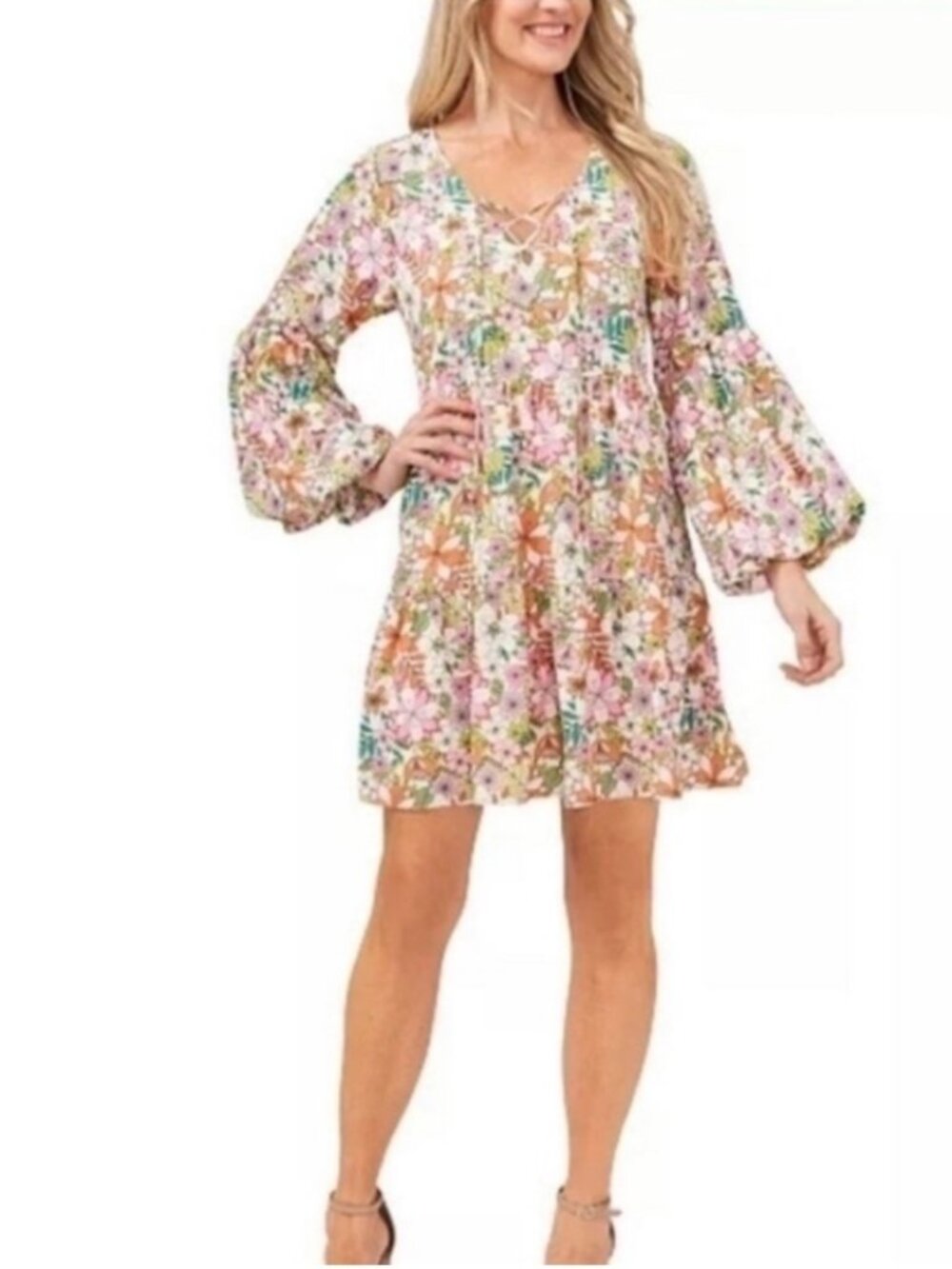 NWT Cece Floral Printed Lace-Up Tiered Balloon Sleeve Babydoll Dress. Size M